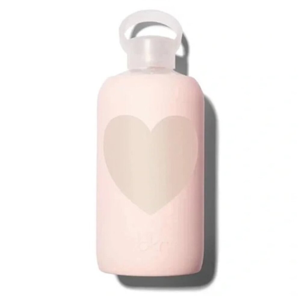 BKR Glass Water Bottle Silicone Sleeve Tutu Love Pink w/ Beige Heart Big 1L/32oz
